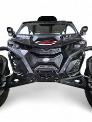 2024 Can-Am Maverick R fitted with Volt 3-Piece Grille in hammer black powder coat
finish, full front view on a desert trail showing contour-matched fitment and
billet aluminum badge detail