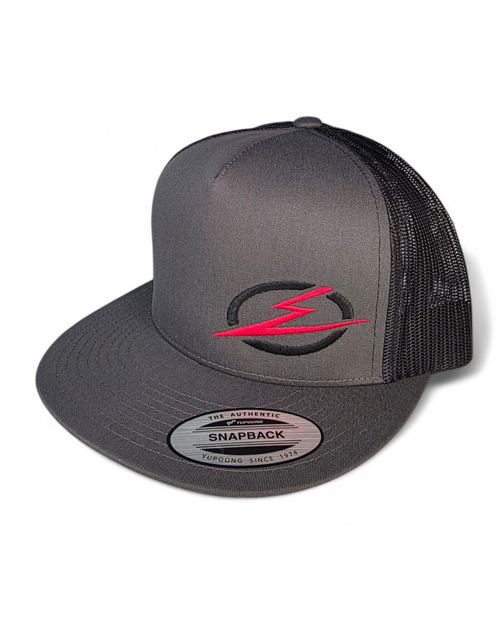 EOD Two-Tone Trucker Hat in charcoal/black showing front panel with Elektric Offroad logo