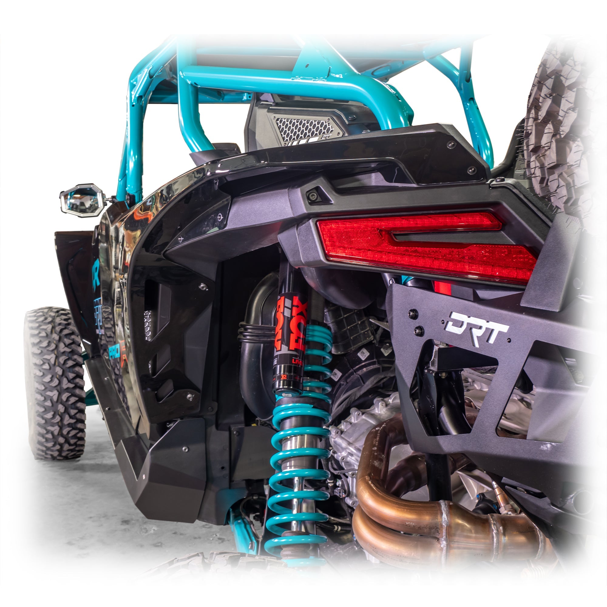 Rear view of RZR Pro XP with DRT fender kit and mud protection