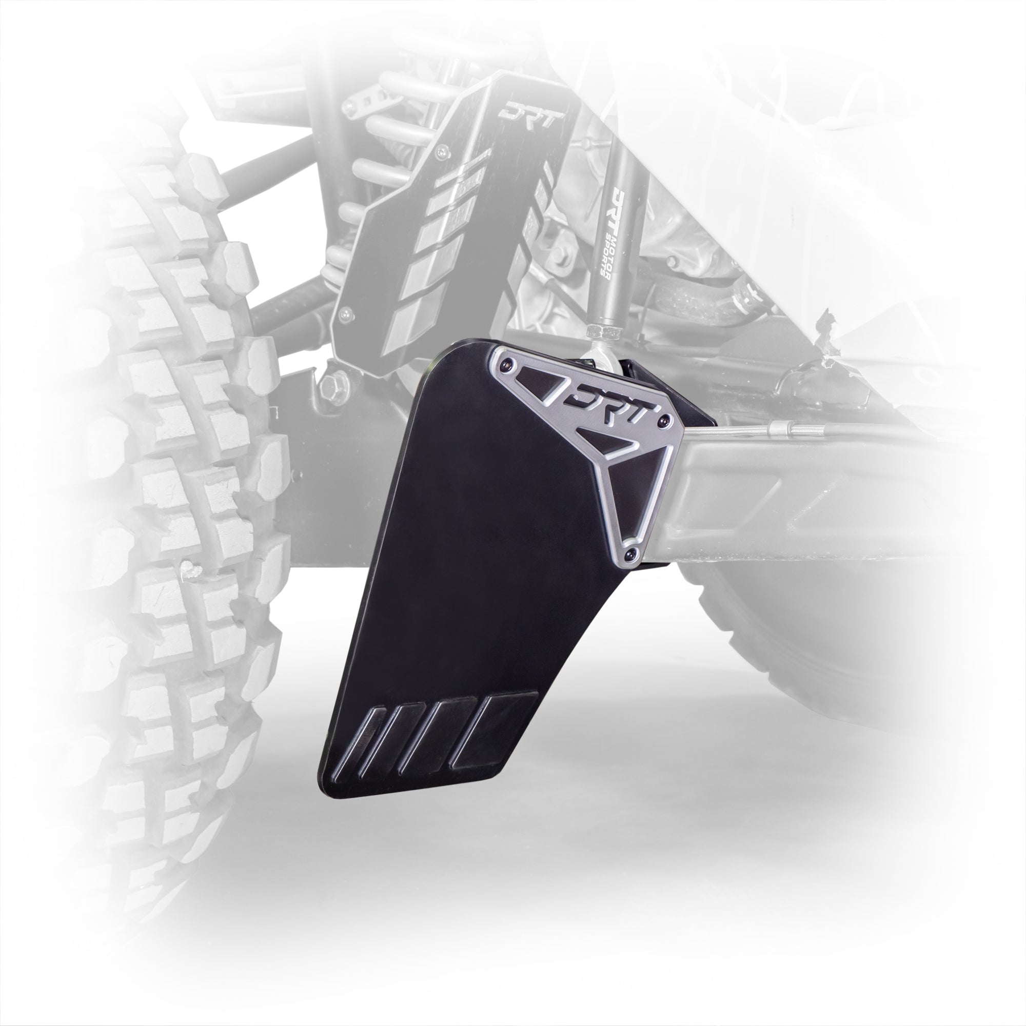 Polaris RZR Pro XP billet aluminum rock guard installed view rear suspension