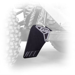 Polaris RZR Pro XP billet aluminum rock guard installed view rear suspension