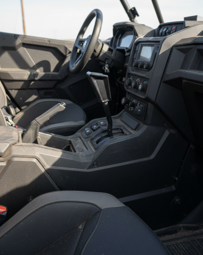 Close-up of black anodized texture on Polaris RZR shift knob
