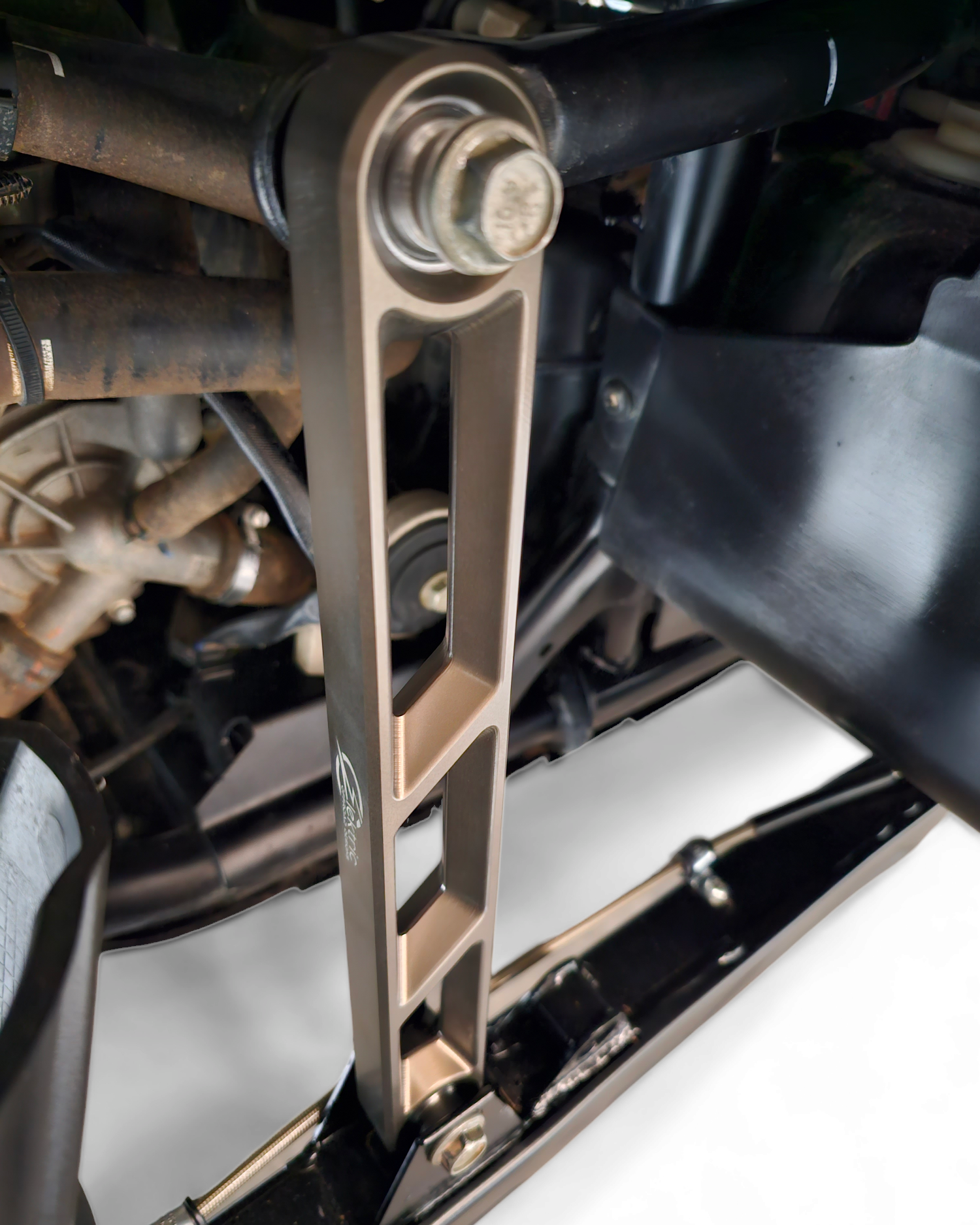 Close-up of gunmetal anodized finish texture on Polaris RZR Pro XP sway bar link