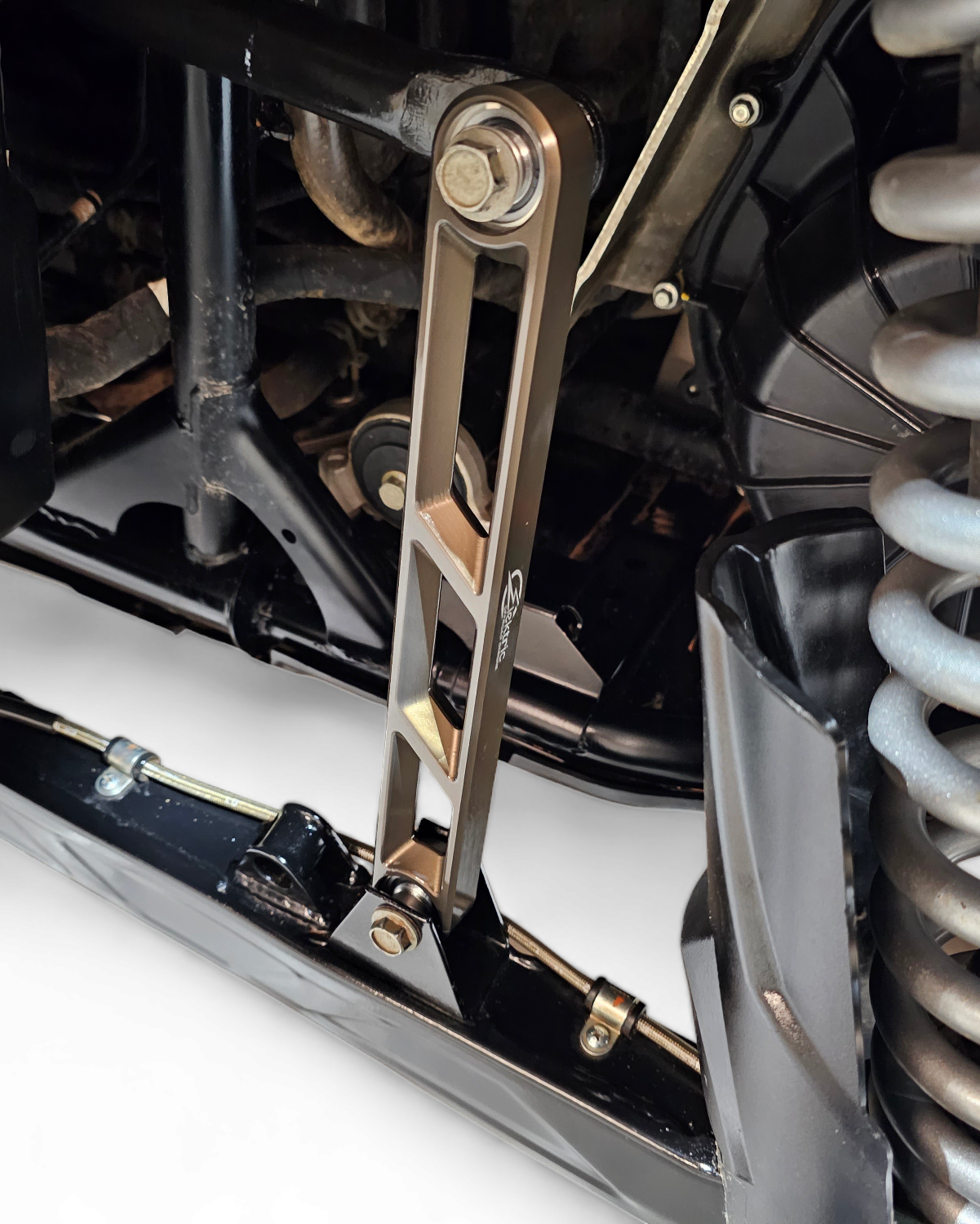 Stylistic design detail on Polaris RZR Pro XP gunmetal rear sway bar link