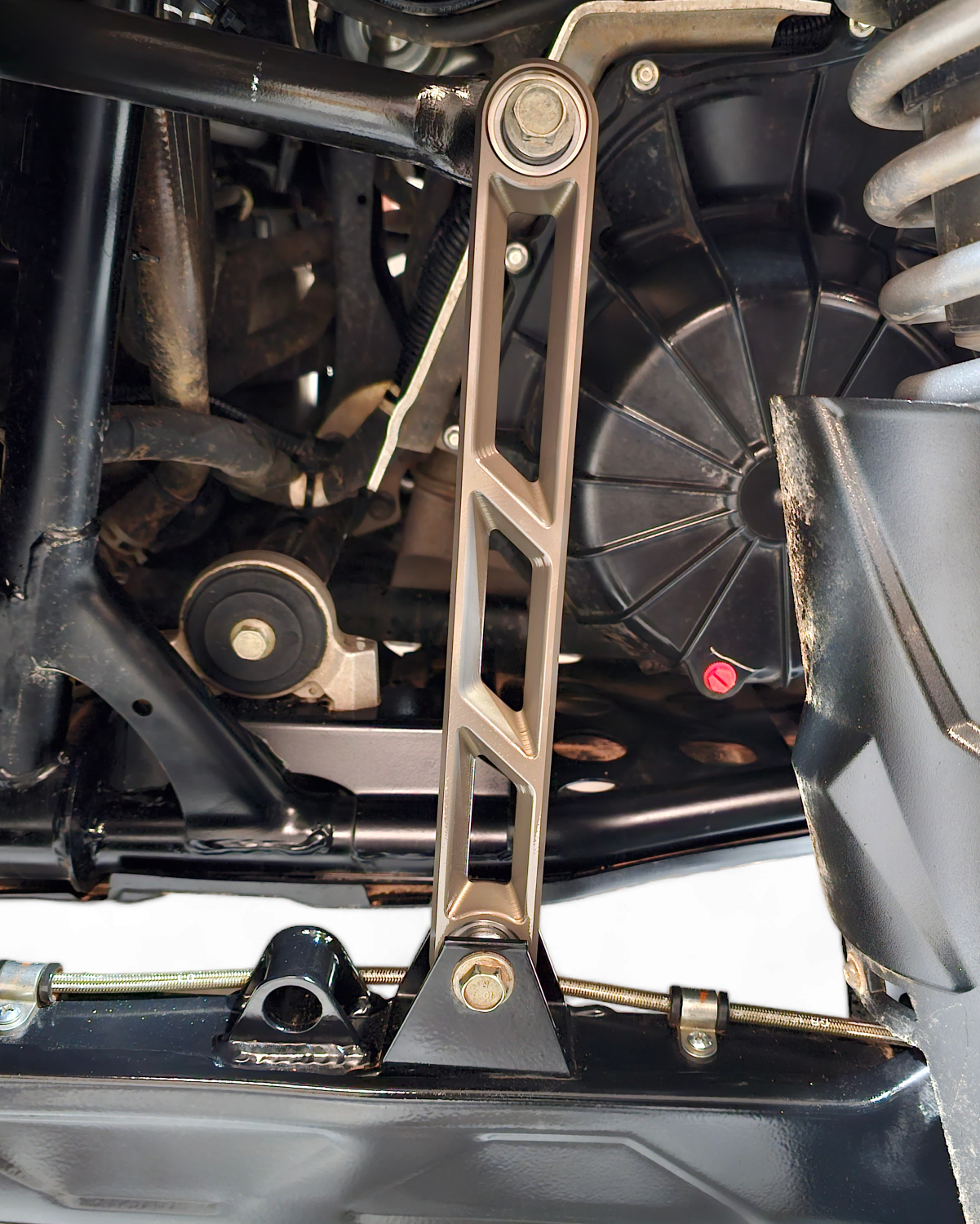 Full suspension view of Polaris RZR Pro XP with gunmetal rear sway bar link installed