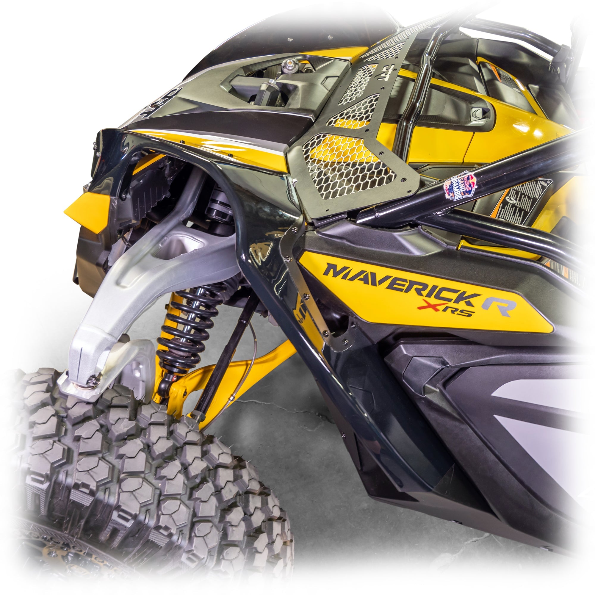 High-impact ABS front fender kit for 2024+ Maverick R with aluminum brackets and splash panels