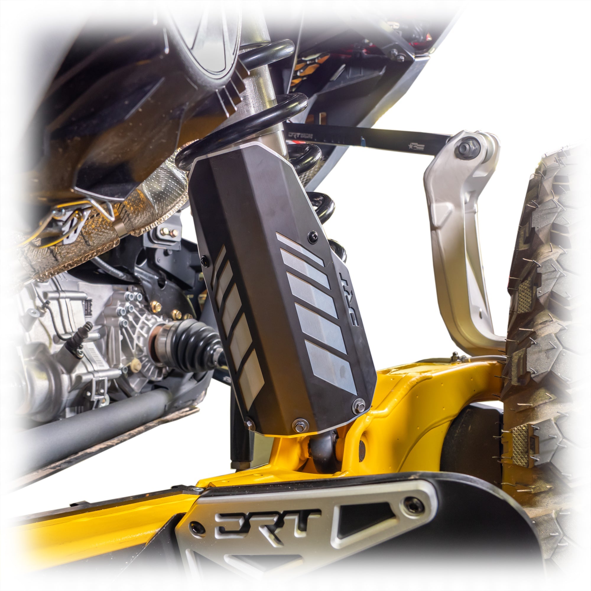 Durable aluminum rear shock covers for Can-Am Maverick R / X3, laser formed and anodized finish