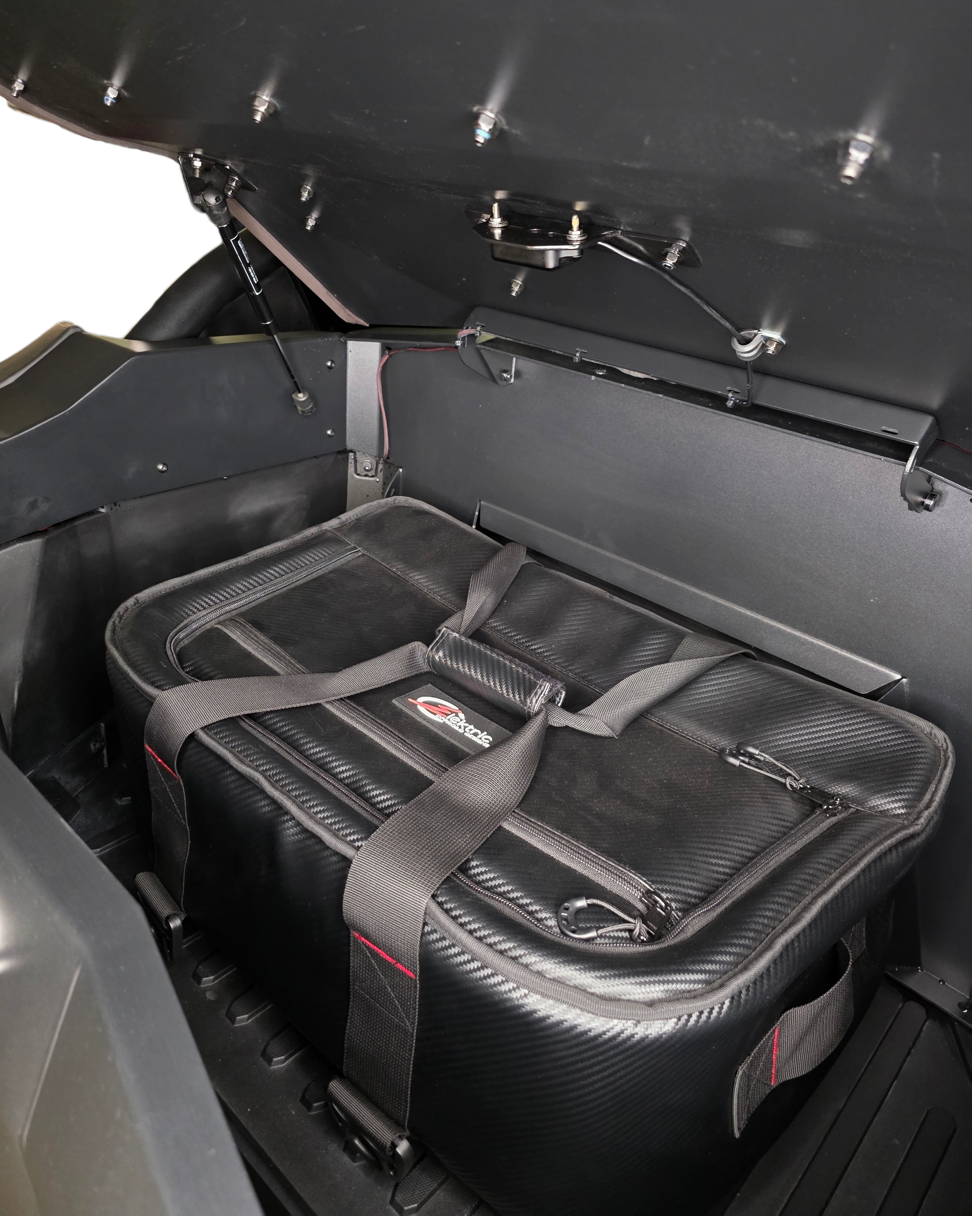 Red stitching detail on carbon-fiber-style vinyl exterior of EOD cooler