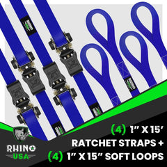 Rhino USA Medium Duty Ratchet Strap Tie-Down 4-Pack (Blue) RCHT-4PACK-BLU