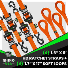 Rhino USA Heavy Duty Ratchet Tie-Down 4-Pack (Orange) 1.6In X 8Ft HDKIT-4PK-ORG