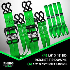 Rhino USA Heavy Duty Ratchet Tie-Down 4-Pack Green 1.6In X 15Ft TD-GC1.6X15-GRN