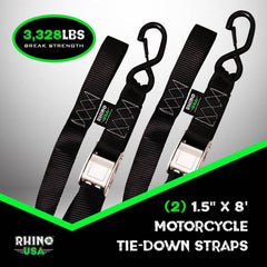 Rhino USA Cambuckle Motorcycle Tiedown Straps 2-Pack (Green) 1.5In X 8Ft RNO-CAMSOFT-GRN