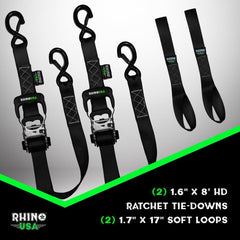 Rhino USA Heavy Duty Ratchet Tie-Downs 2-Pack (Black) 1.6In X 8Ft GRLA-TDWN-SET