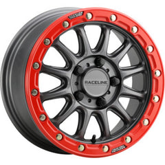 Raceline A14GR Alpha 15x7in/4x137 BP/10mm Offset/110.18mm Bore - Gunmetal & Red Ring Beadlock Wheel A14GR-57037+10