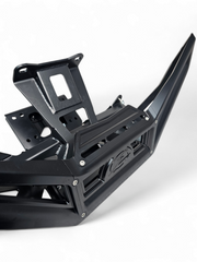 Direct front view of black anodized Can-Am Maverick X3 billet front winch bumper showing built-in fairlead slot and symmetrical design
