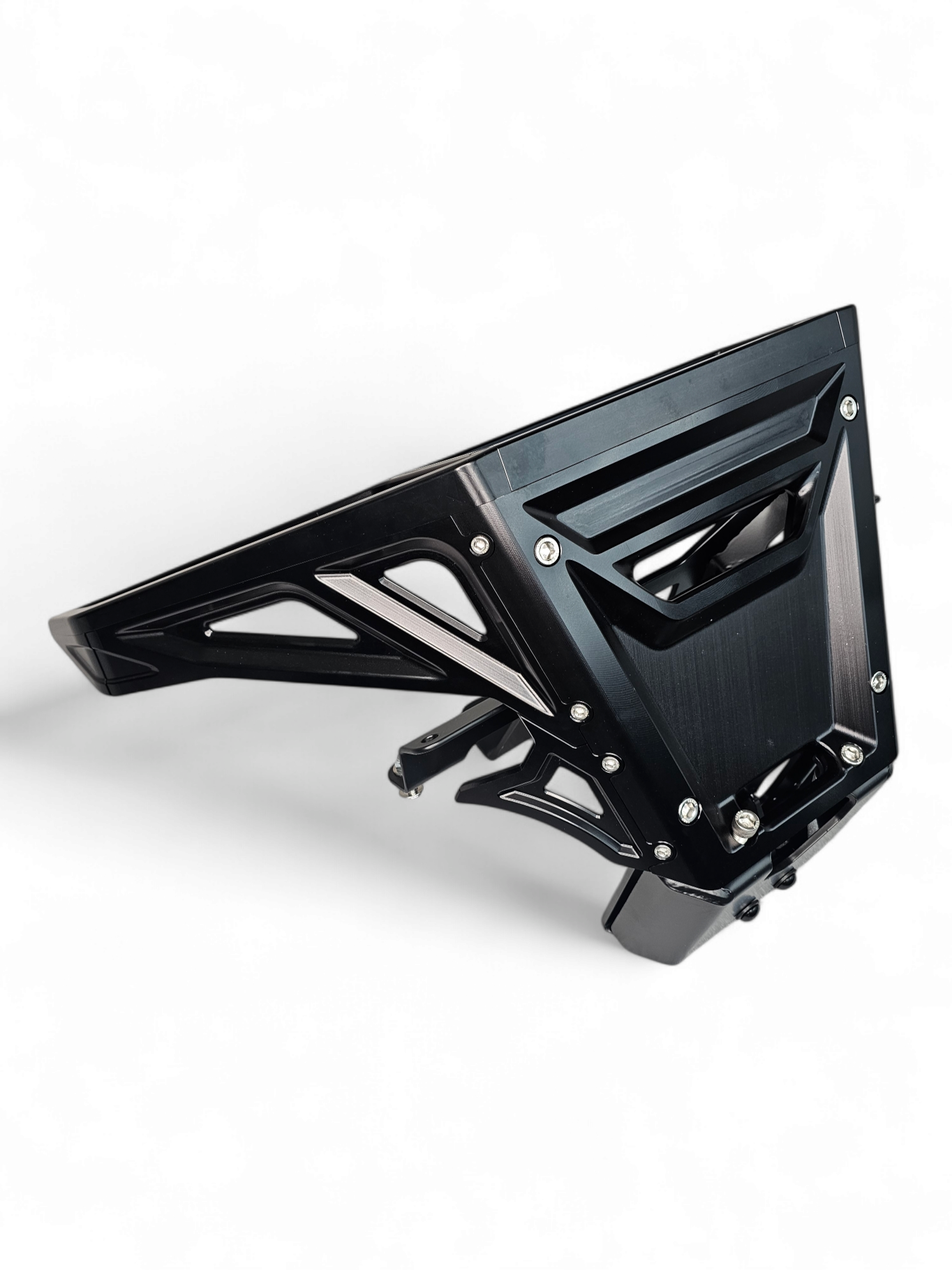 Dual universal light mount detail on Can-Am Maverick X3 black anodized billet front winch bumper

