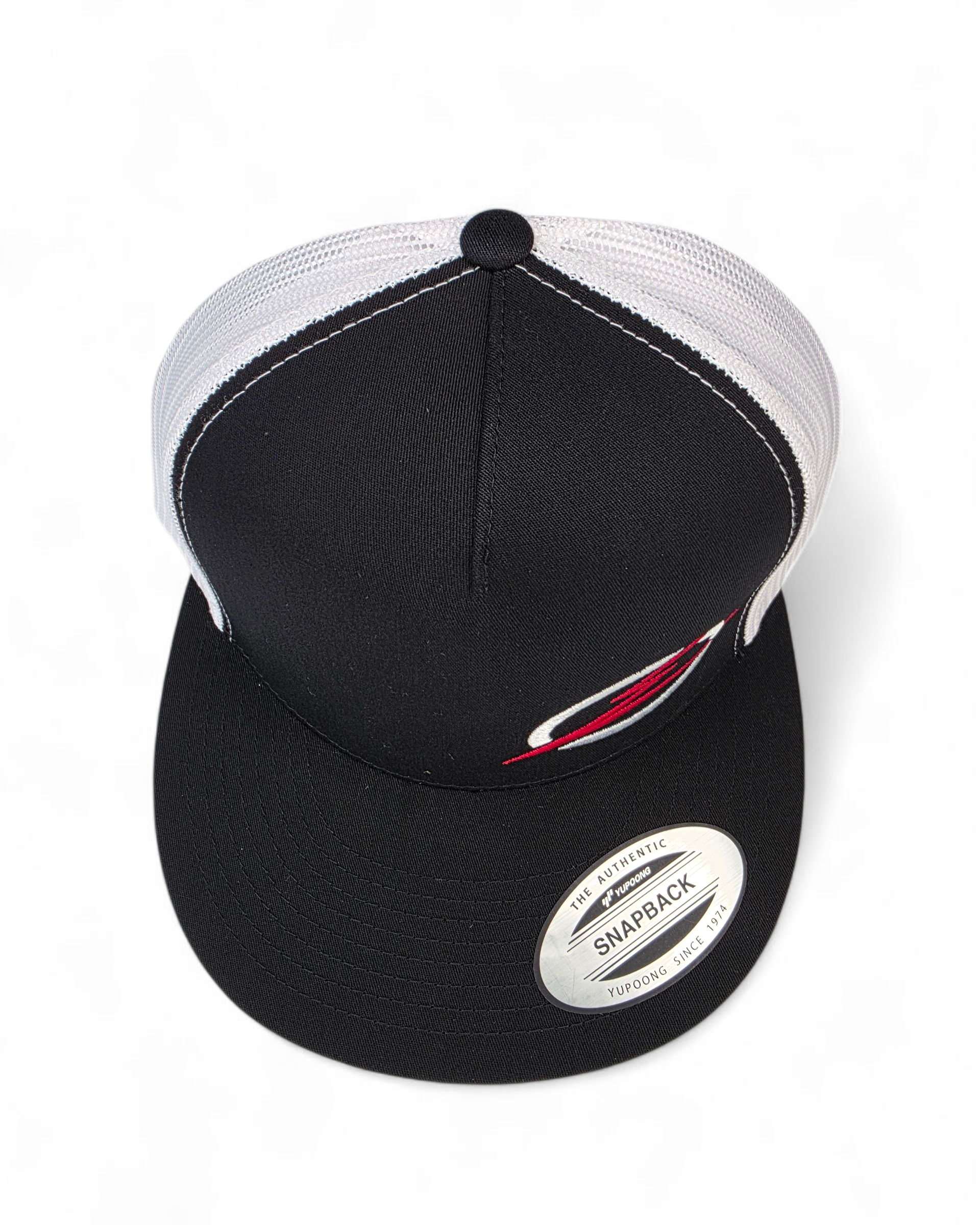 Close-up of two-tone fabric panel on EOD trucker hat