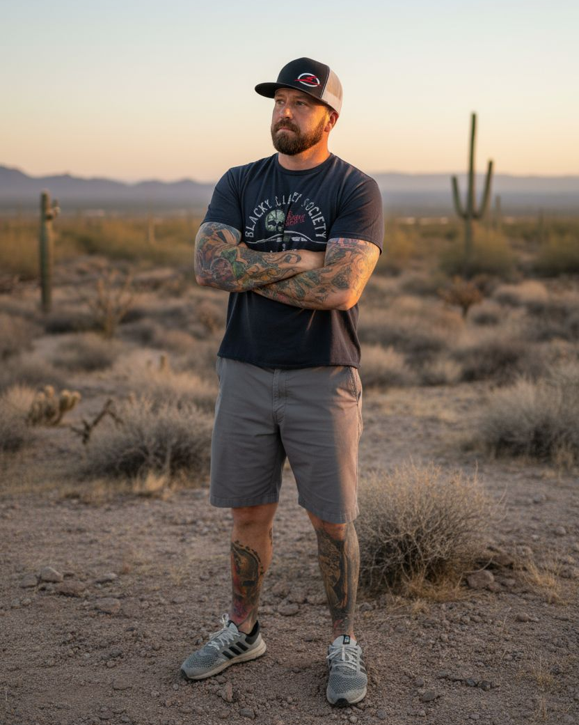 Close-up of man model wearing the EOD trucker hat showing the front logo and mesh back detail