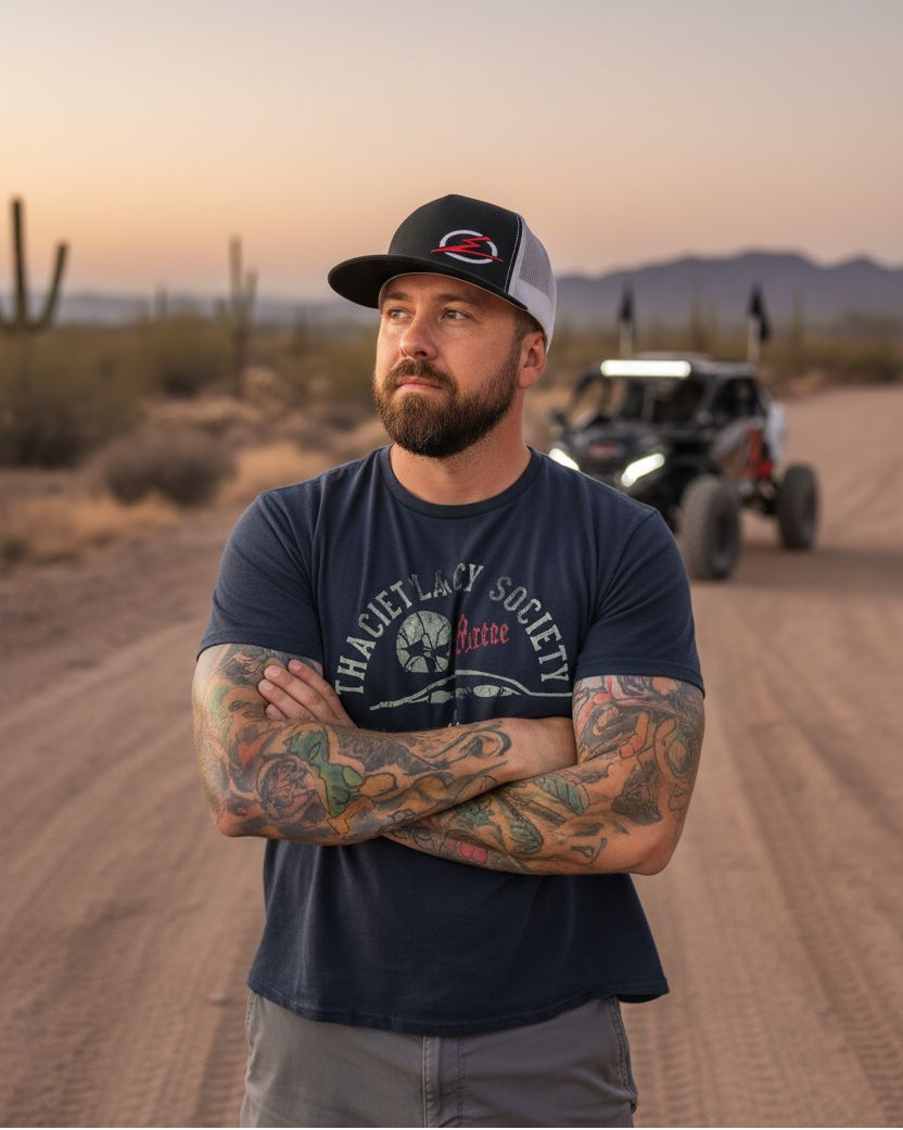 Man wearing the EOD Two-Tone Trucker Hat outdoors next to a UTV on the trail