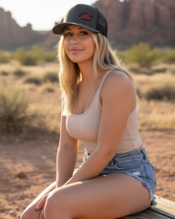 Woman model wearing the EOD charcoal trucker hat, side profile showing the fit