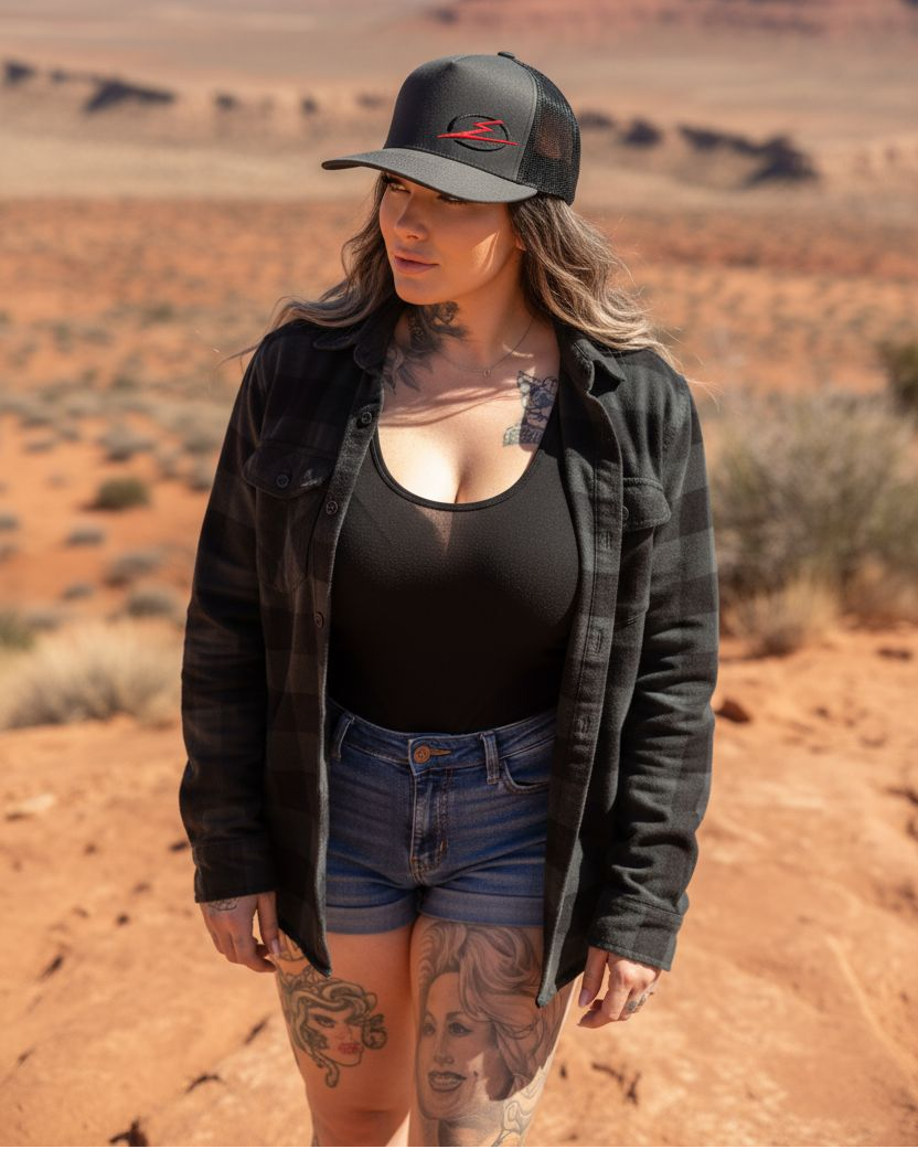 Woman wearing the EOD Charcoal Two-Tone Trucker Hat outdoors next to a UTV on the trail
