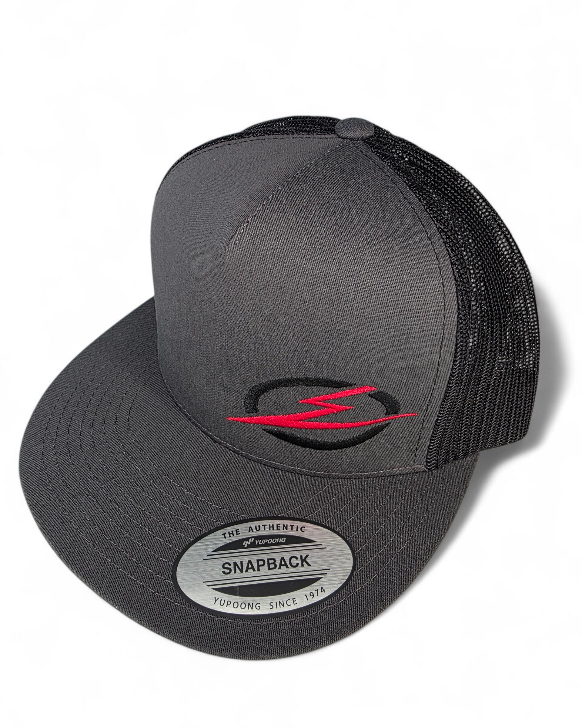 Adjustable snapback closure detail on EOD charcoal trucker hat