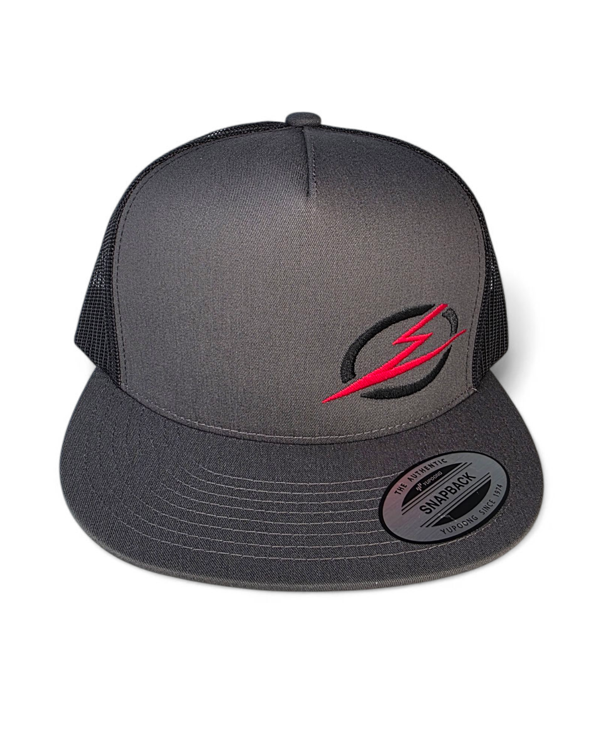 Front view of EOD charcoal trucker hat showing embroidered logo detail