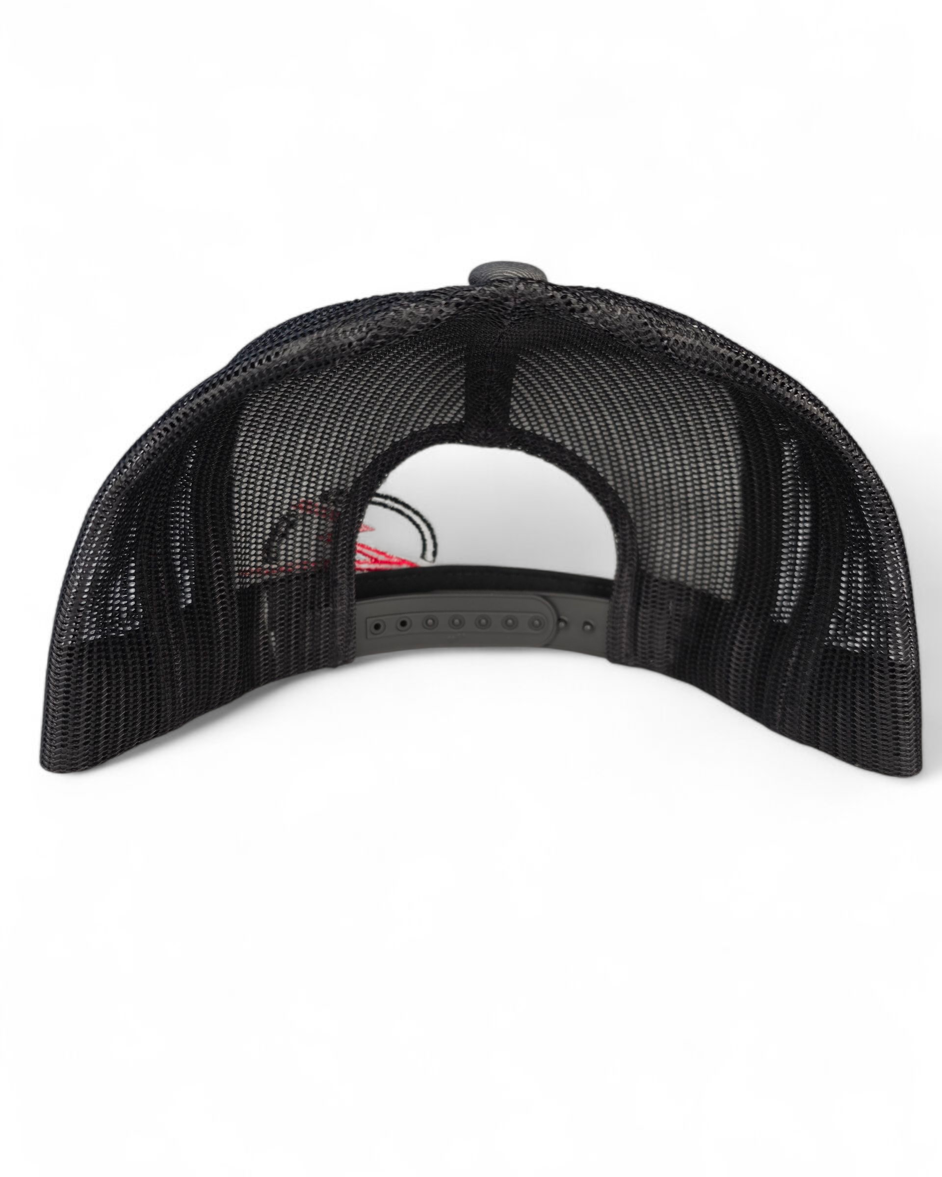 Back view of EOD charcoal trucker hat showing snapback adjustment