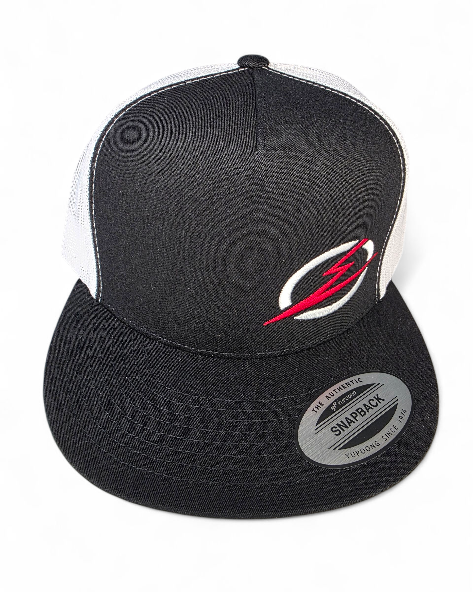 Front view of EOD trucker hat showing embroidered logo detail