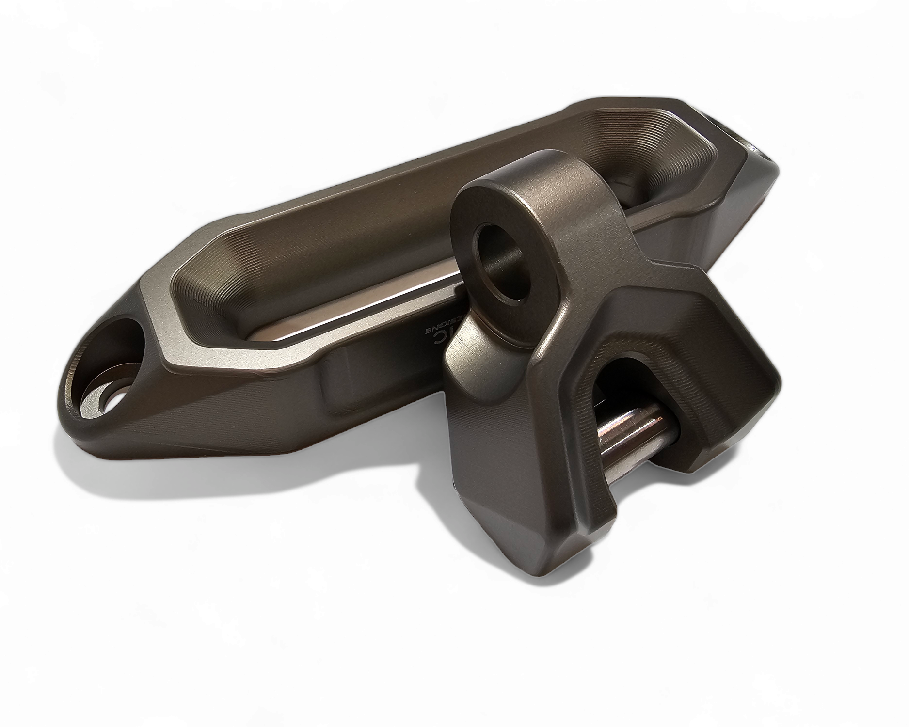 Side profile of EOD winch fairlead and hook showing gunmetal finish