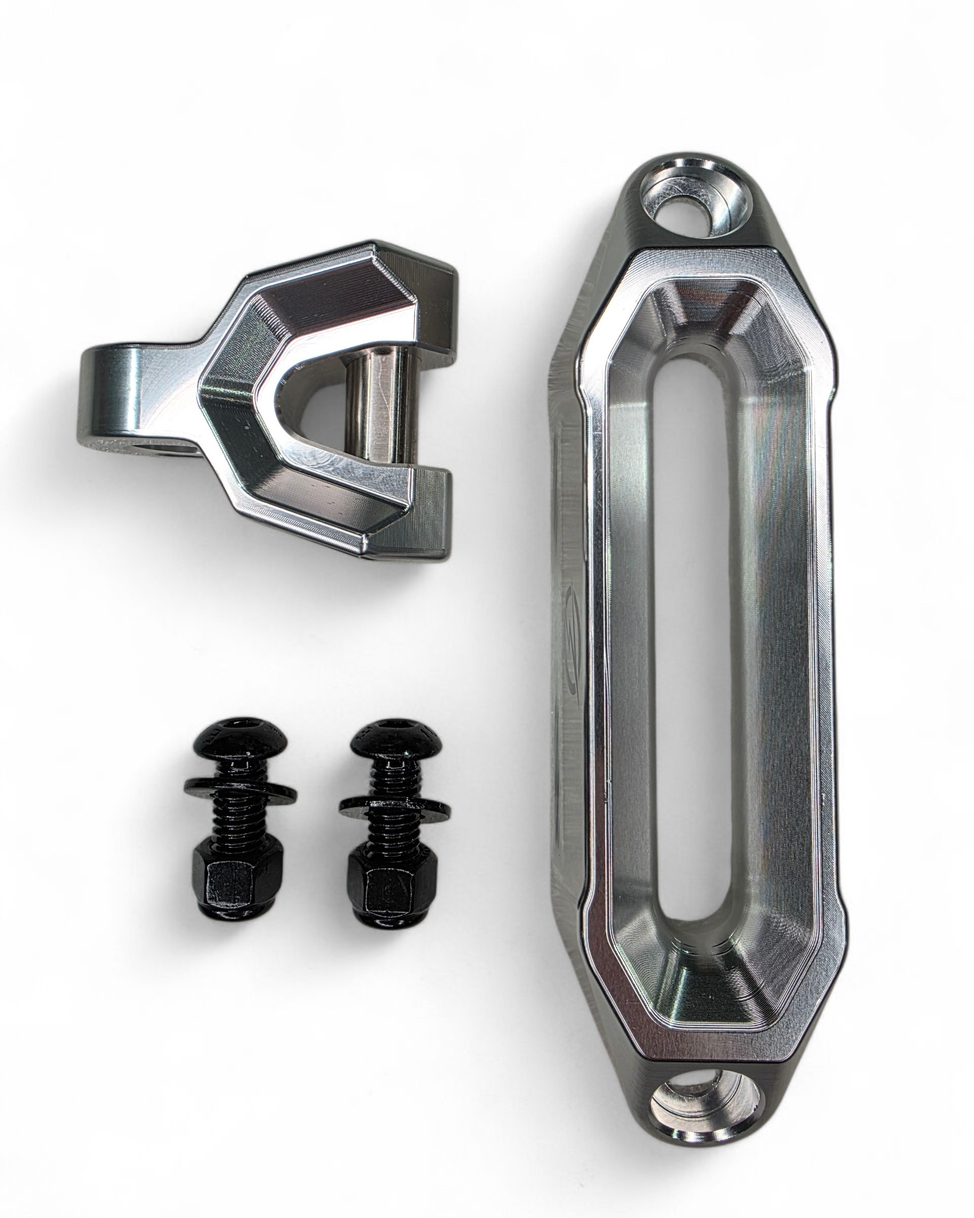 6061 billet aluminum construction detail on EOD winch fairlead and hook, clear finish
