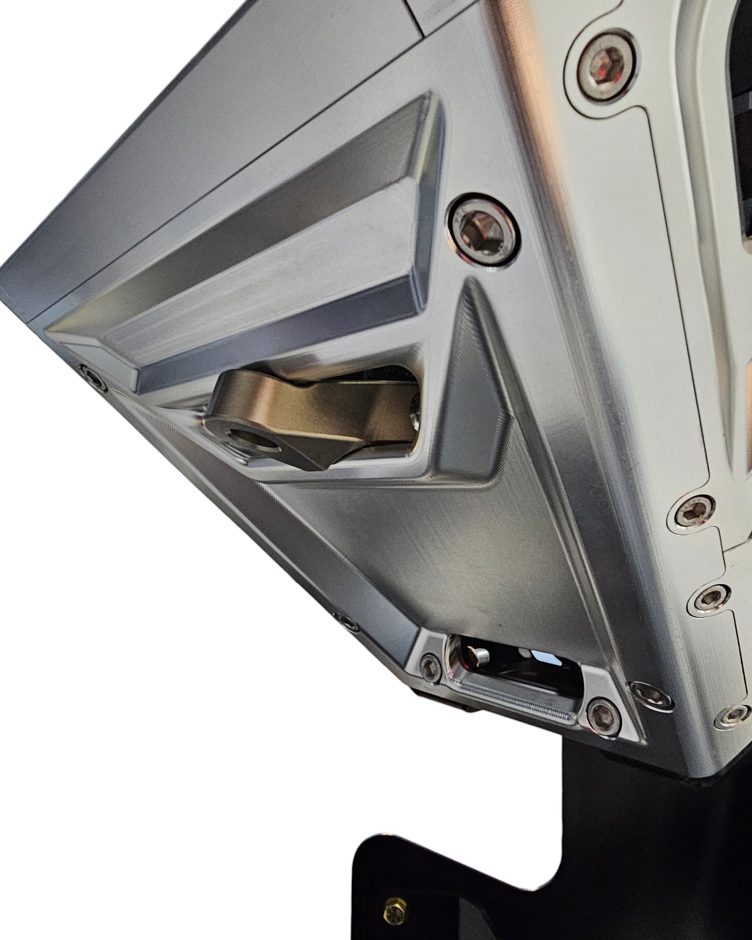 Angled view of EOD gunmetal winch hook installed on a Billet series bumper