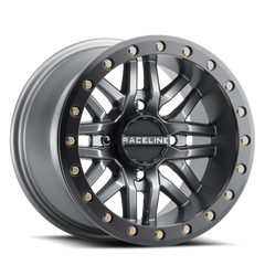 Raceline A91G Ryno 14x7in/4x137 BP/10mm Offset/110.18mm Bore - Gunmetal & Black Ring Beadlock Wheel A91G-47037-52