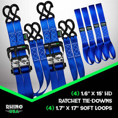 Rhino USA Heavy Duty Ratchet Tie-Down 4-Pack Blue 1.6In X 15Ft TD-GC1.6X15-BLU